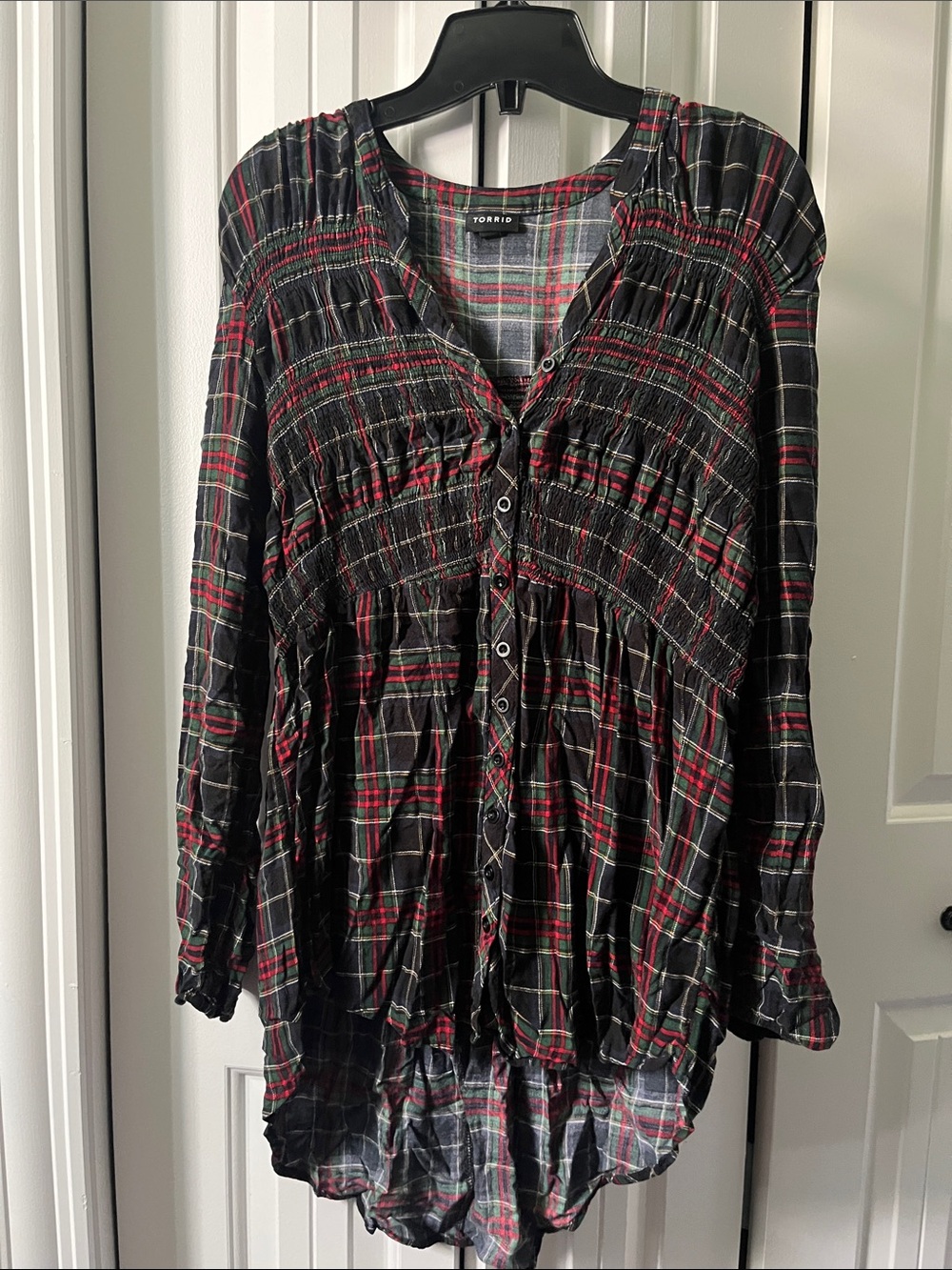 torrid Black Plaid Button-Front Smocked Blouse with Red & Green Accents